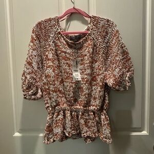 Zara Brown and White Knit Peplum Blouse